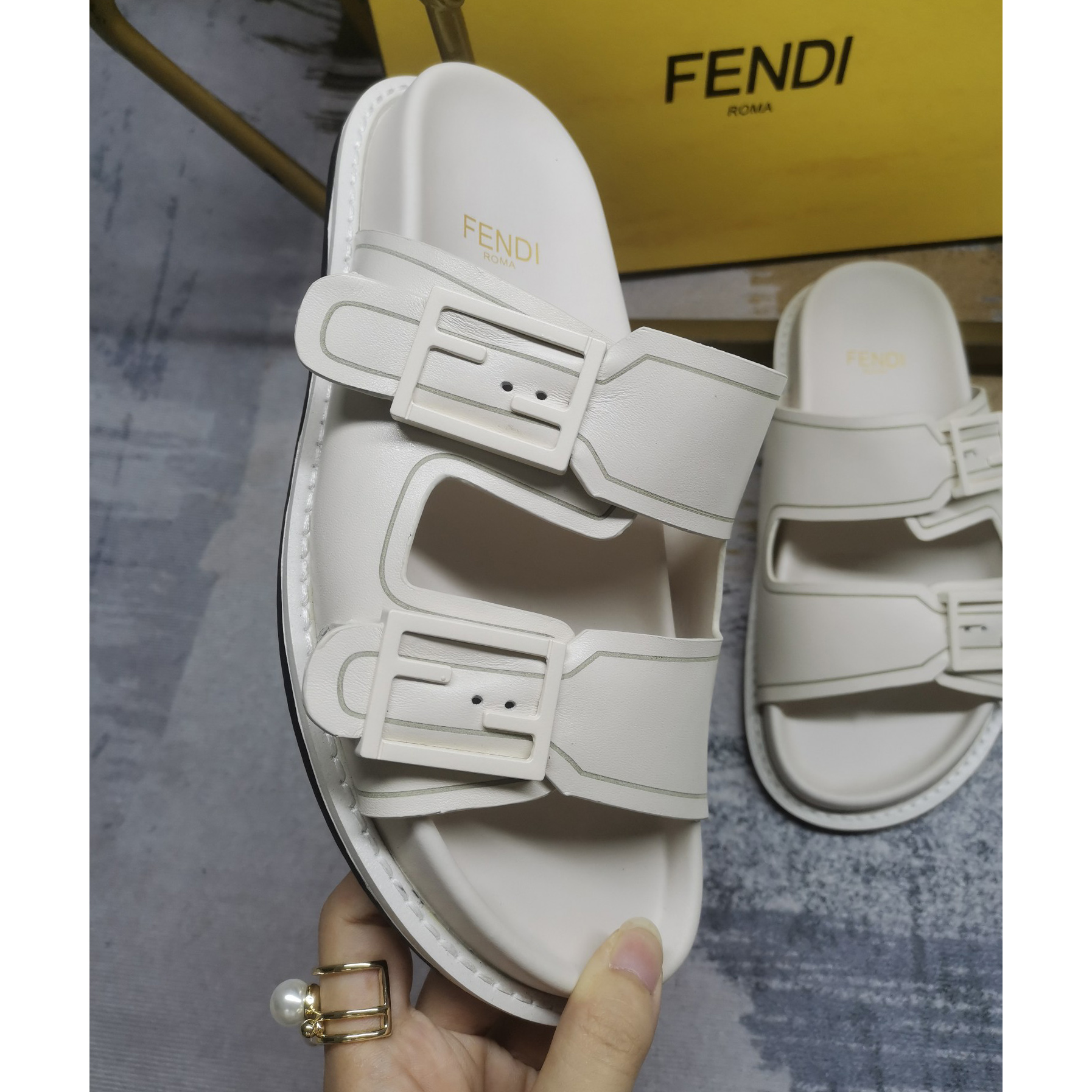 Fendi Feel WhiteFF Fabric Slides - DopestKickz