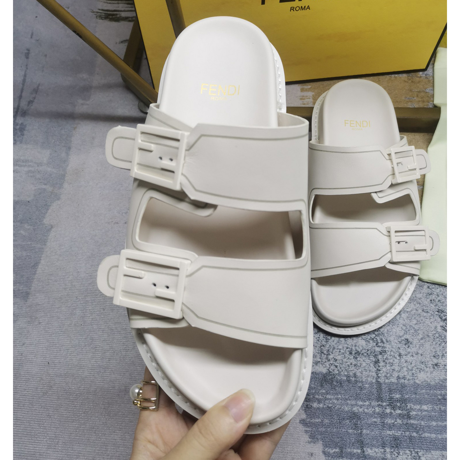 Fendi Feel WhiteFF Fabric Slides - DopestKickz
