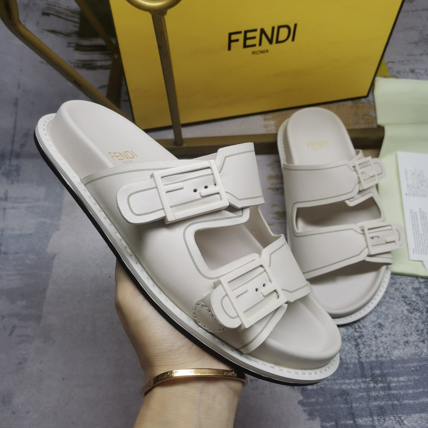 Fendi Feel WhiteFF Fabric Slides - DopestKickz