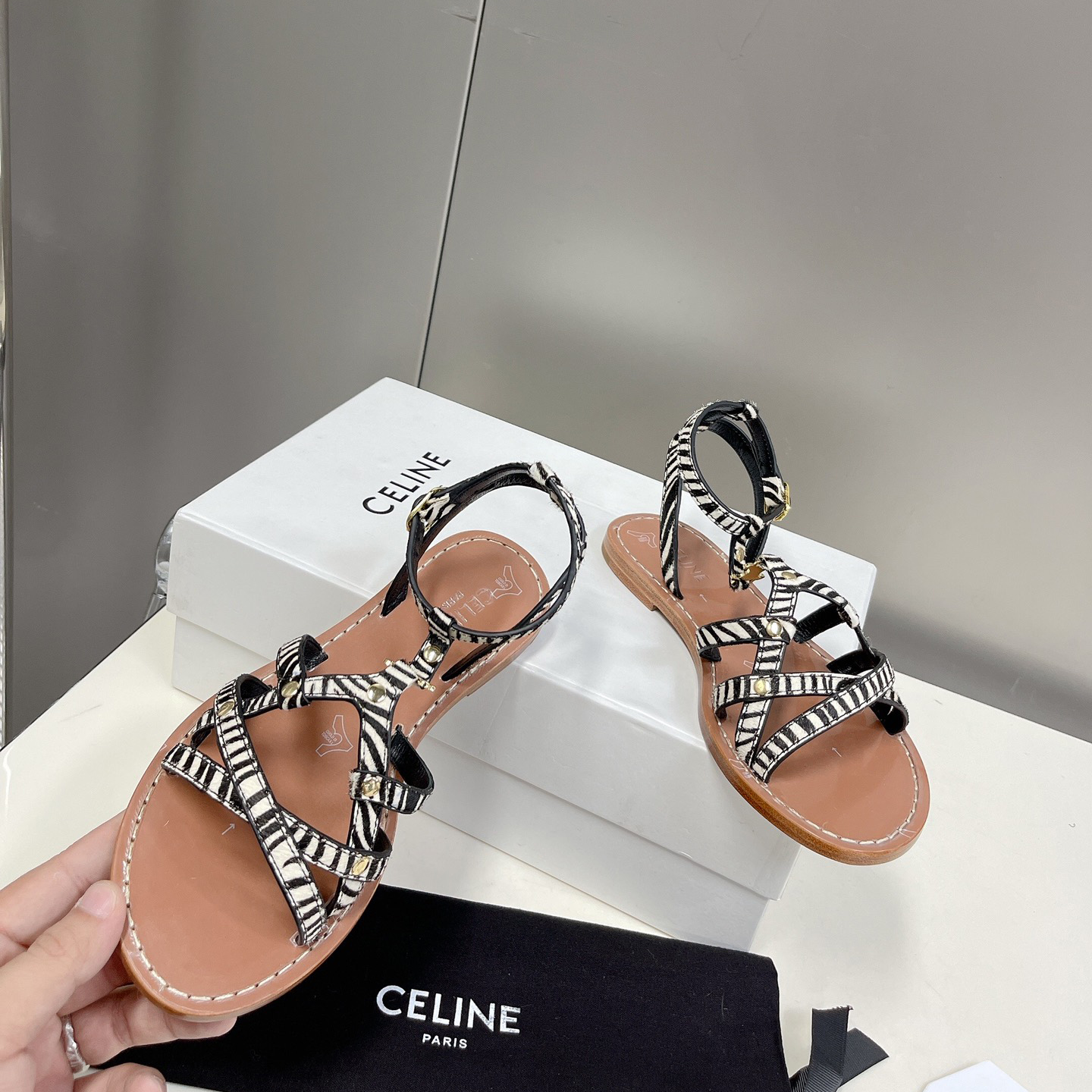 Celine Taillat Triomphe Sandal In Zebra Printed Hairy Calfskin Black/White - DopestKickz