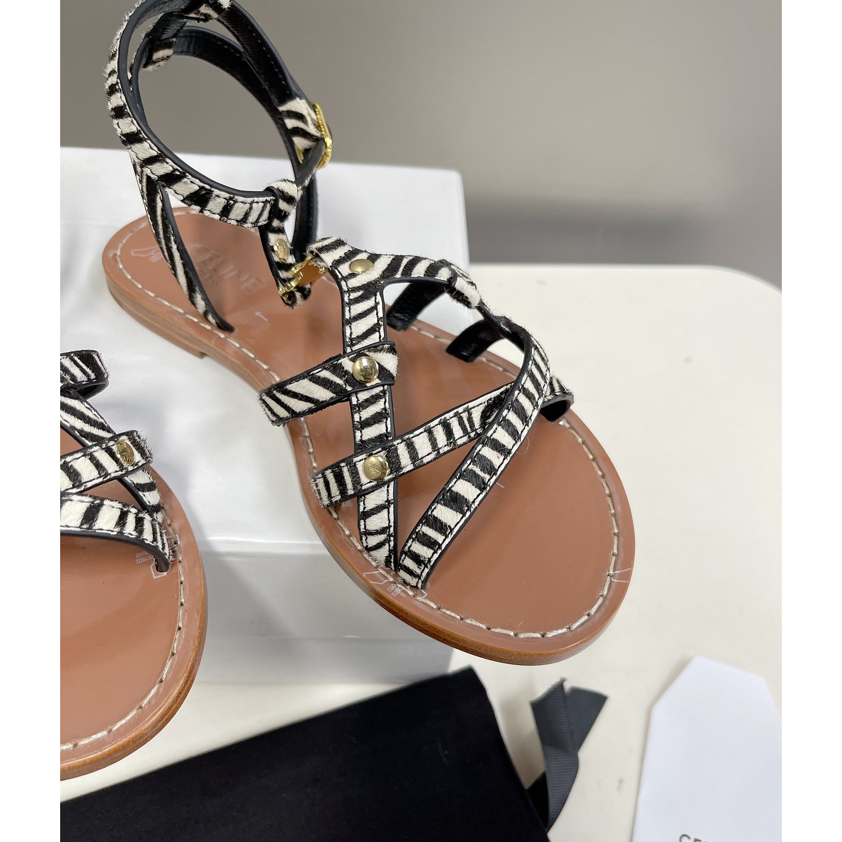Celine Taillat Triomphe Sandal In Zebra Printed Hairy Calfskin Black/White - DopestKickz
