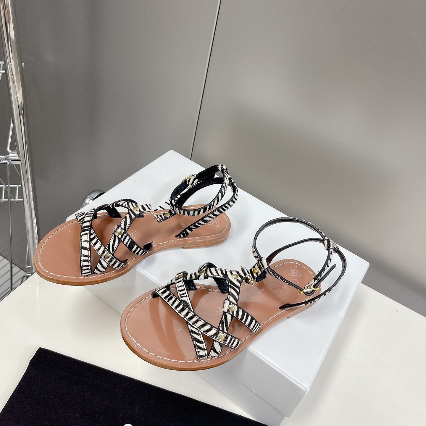 Celine Taillat Triomphe Sandal In Zebra Printed Hairy Calfskin Black/White - DopestKickz