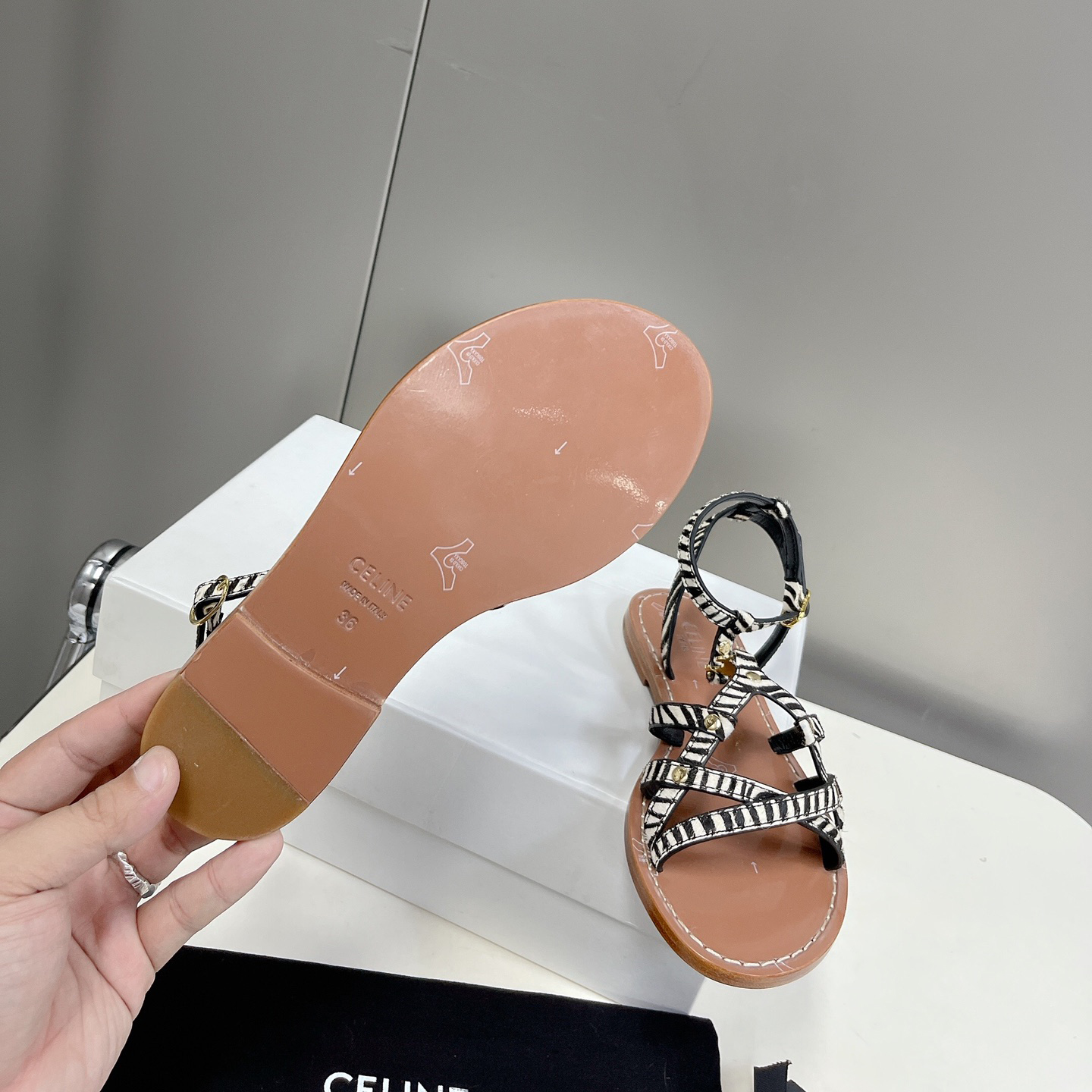 Celine Taillat Triomphe Sandal In Zebra Printed Hairy Calfskin Black/White - DopestKickz