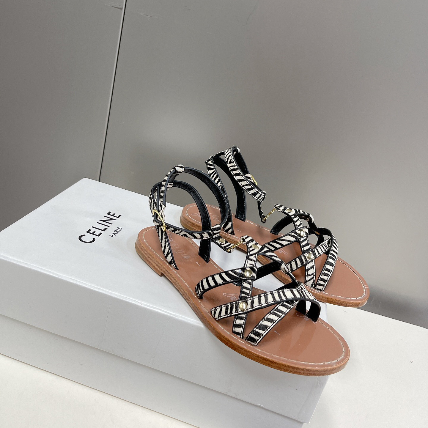 Celine Taillat Triomphe Sandal In Zebra Printed Hairy Calfskin Black/White - DopestKickz