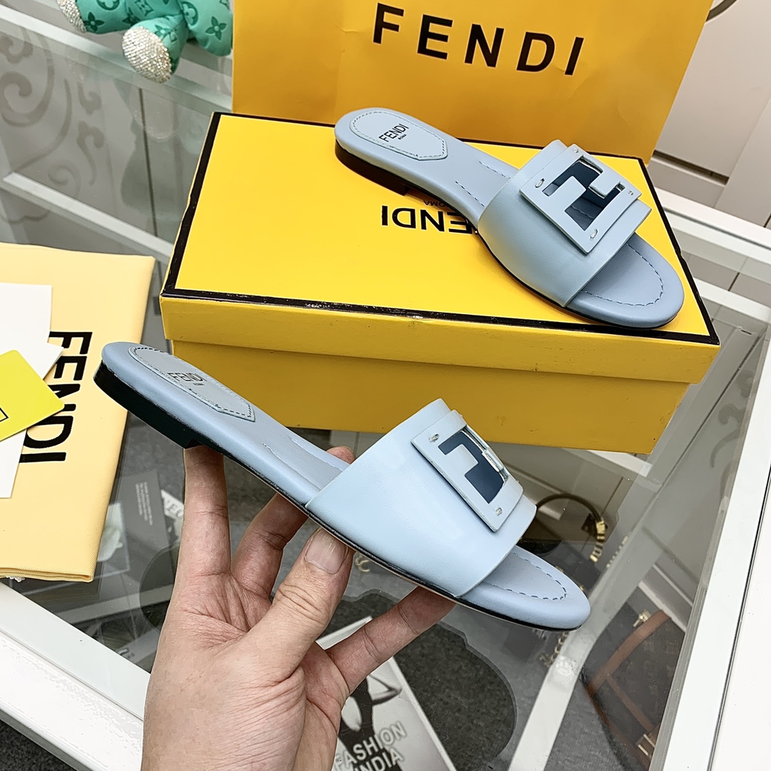 Fendi Signature Light Blue Leather Slides - DopestKickz