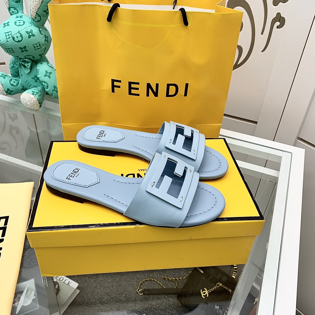 Fendi Signature Light Blue Leather Slides - DopestKickz