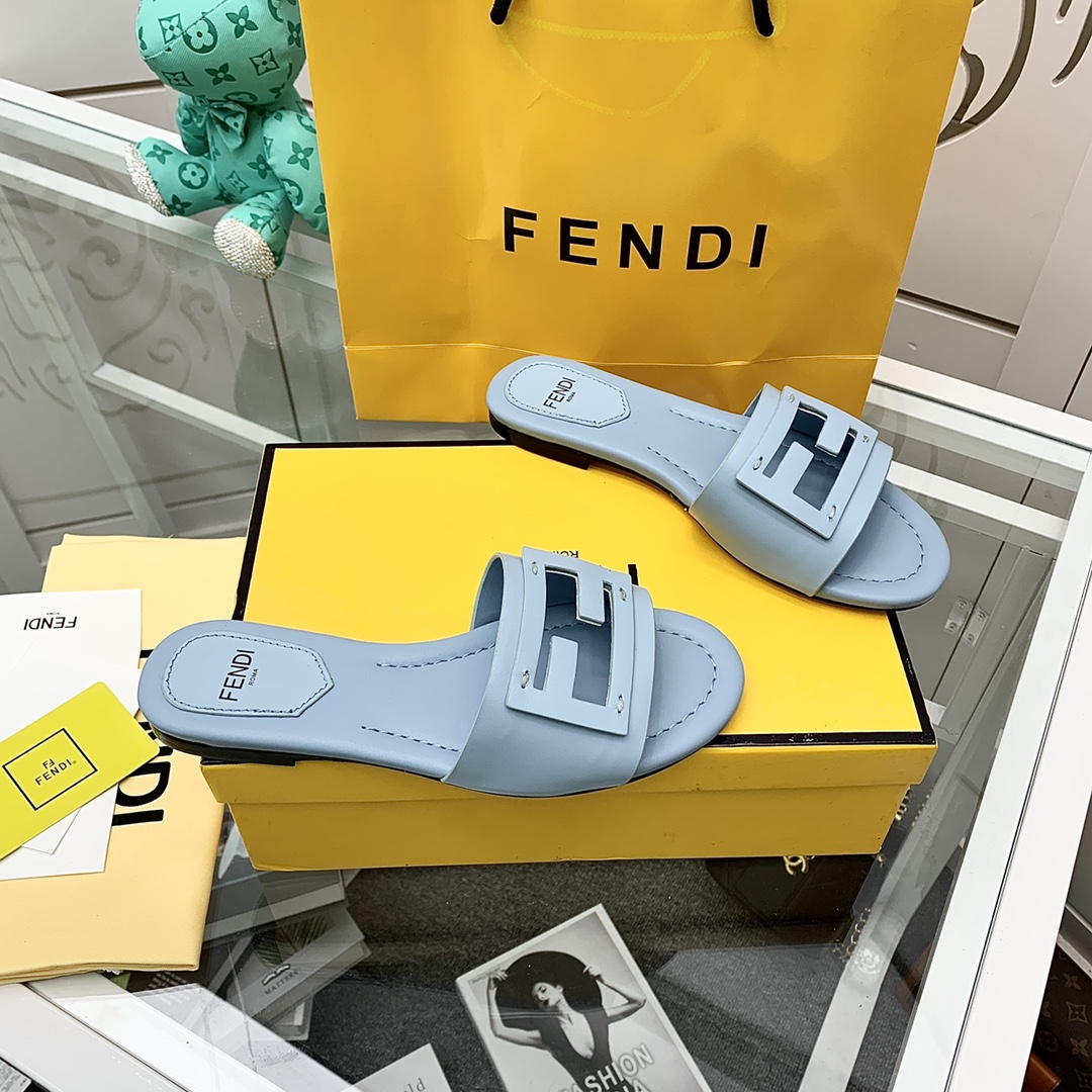 Fendi Signature Light Blue Leather Slides - DopestKickz