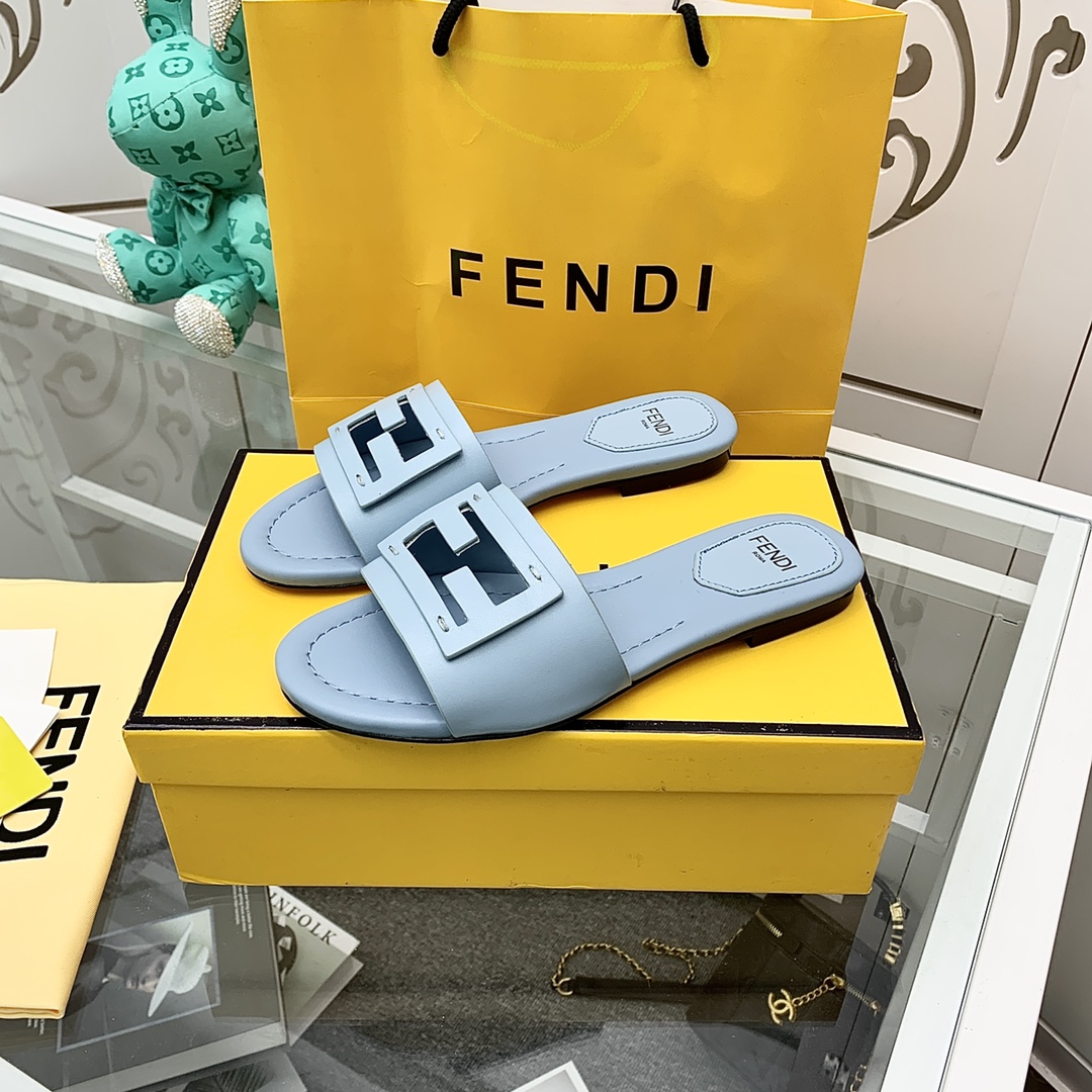 Fendi Signature Light Blue Leather Slides - DopestKickz