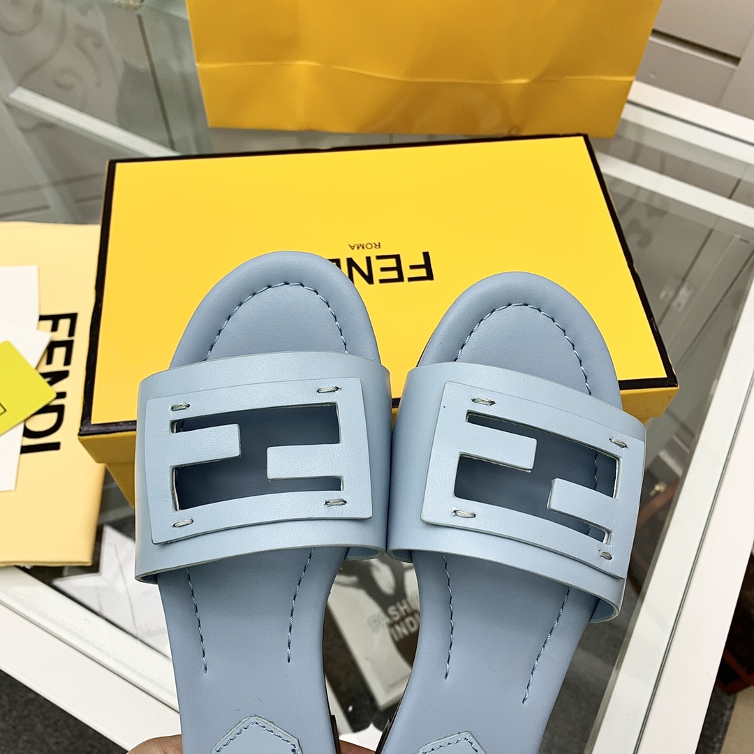Fendi Signature Light Blue Leather Slides - DopestKickz