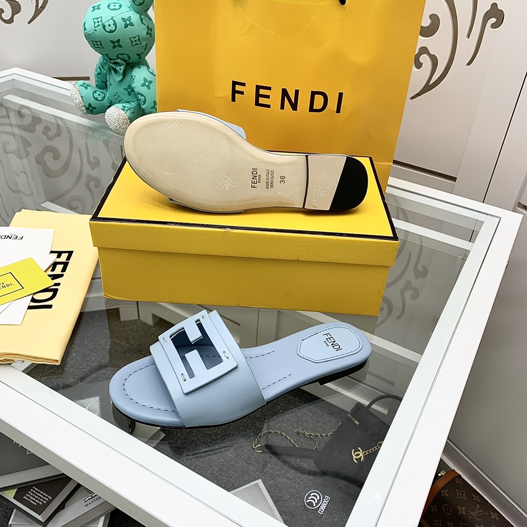 Fendi Signature Light Blue Leather Slides - DopestKickz