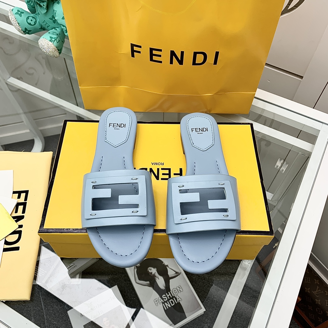 Fendi Signature Light Blue Leather Slides - DopestKickz