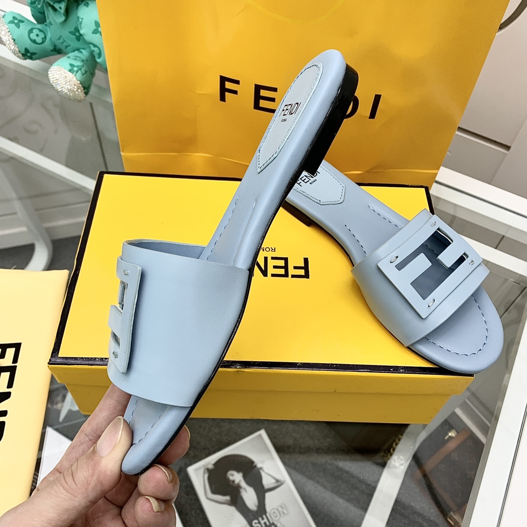 Fendi Signature Light Blue Leather Slides - DopestKickz