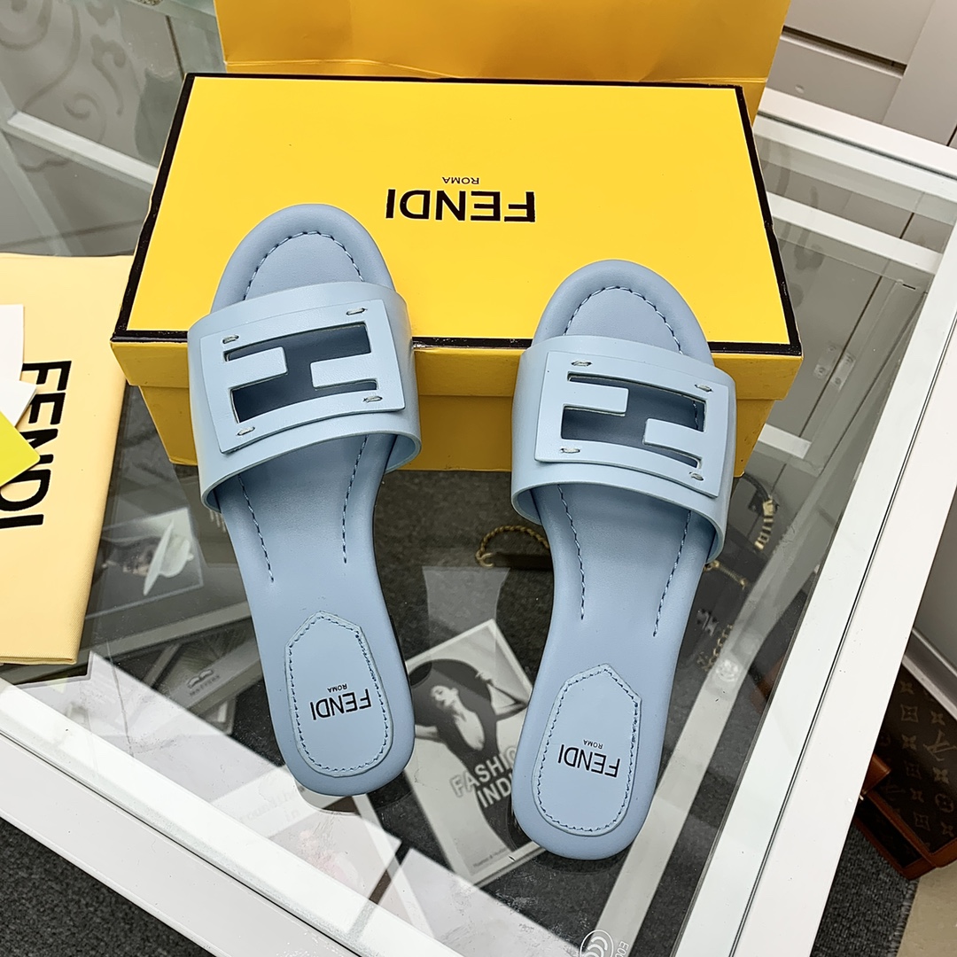 Fendi Signature Light Blue Leather Slides - DopestKickz