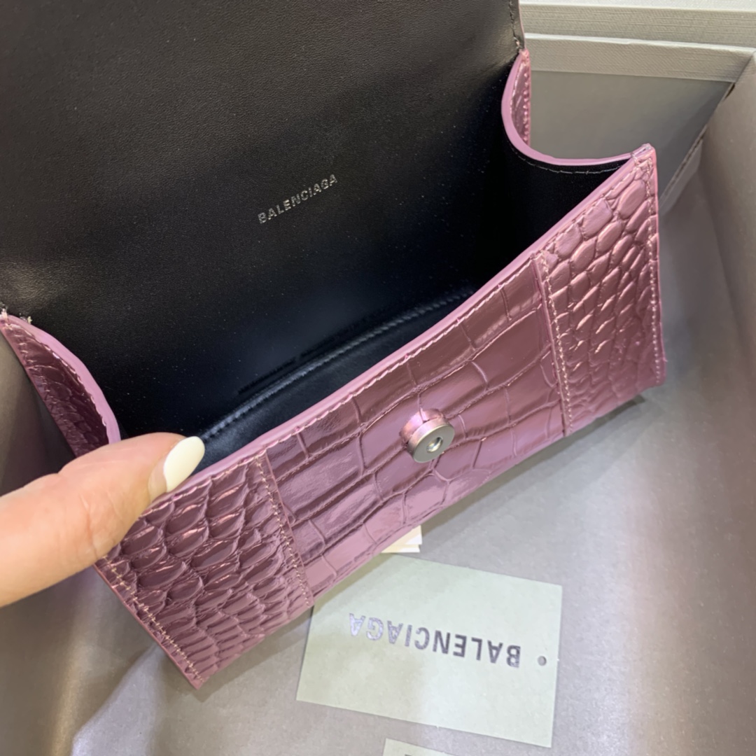 Balenciaga Hourglass Handbag In Pink Metallized Crocodile Embossed (23-10-14CM) - DopestKickz