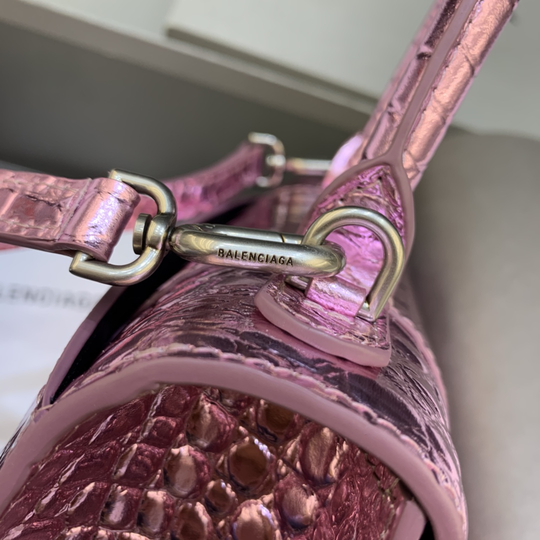 Balenciaga Hourglass Handbag In Pink Metallized Crocodile Embossed (23-10-14CM) - DopestKickz