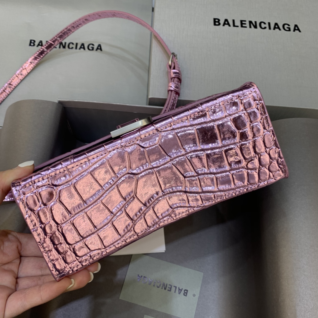 Balenciaga Hourglass Handbag In Pink Metallized Crocodile Embossed (23-10-14CM) - DopestKickz