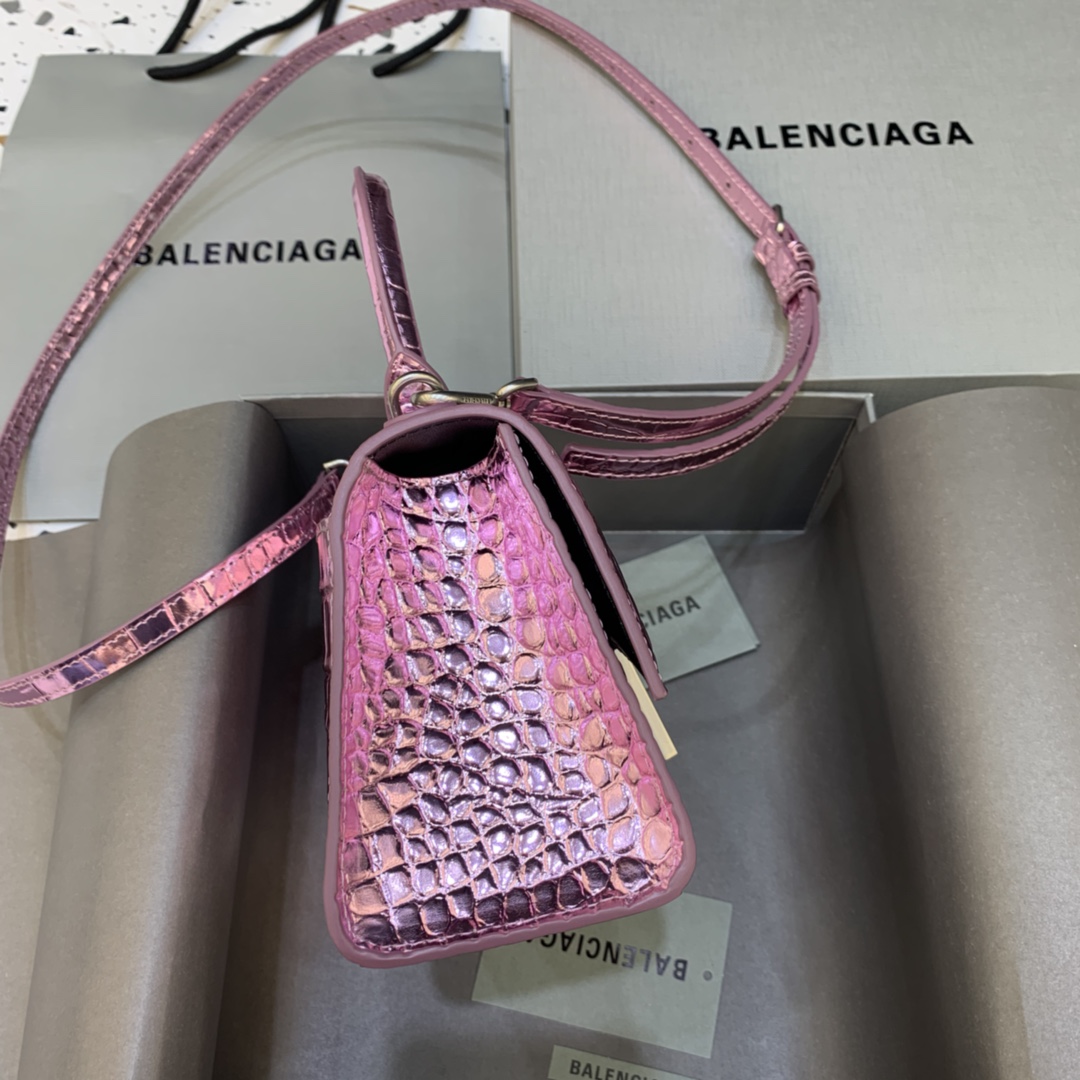 Balenciaga Hourglass Handbag In Pink Metallized Crocodile Embossed (23-10-14CM) - DopestKickz