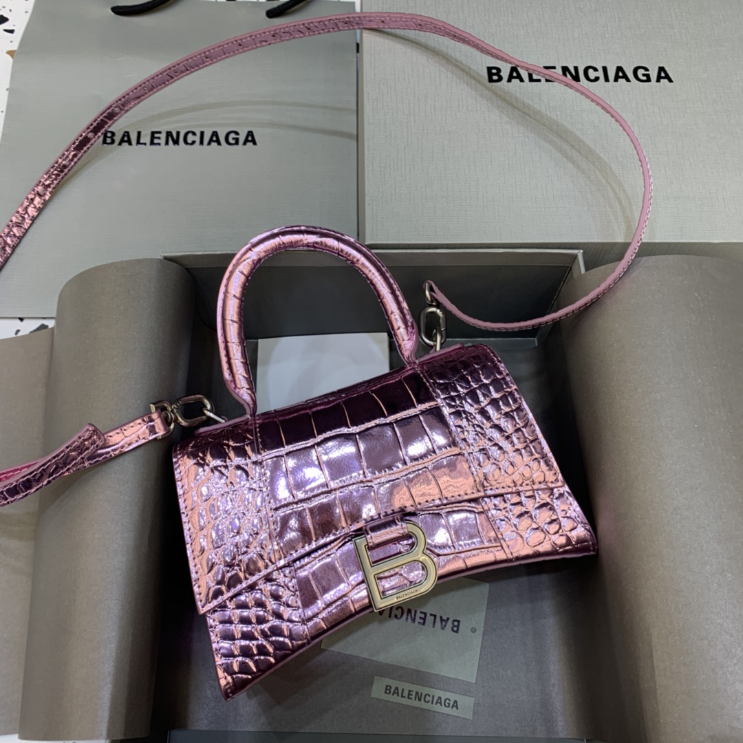 Balenciaga Hourglass Handbag In Pink Metallized Crocodile Embossed (23-10-14CM) - DopestKickz
