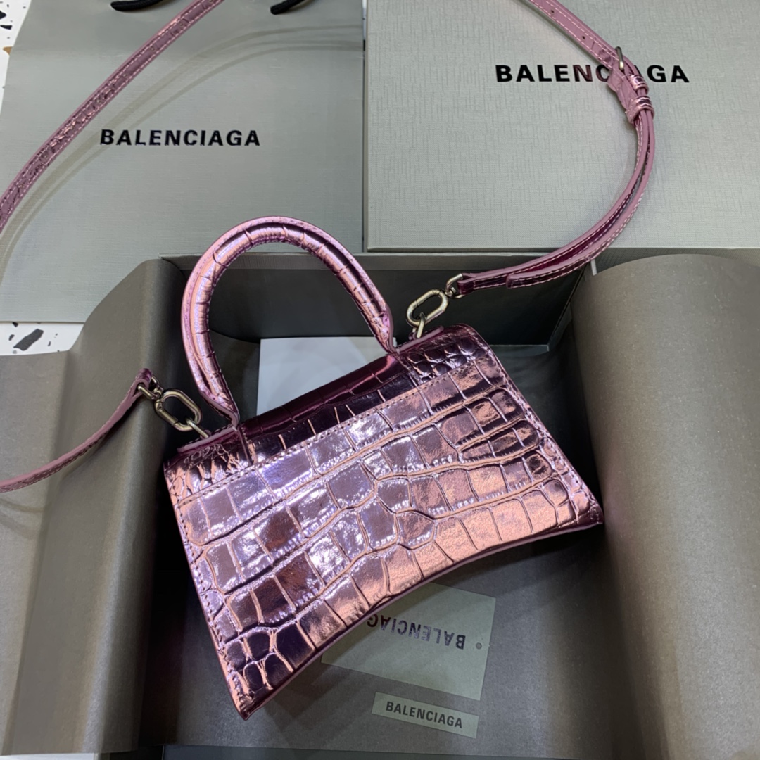 Balenciaga Hourglass Handbag In Pink Metallized Crocodile Embossed (23-10-14CM) - DopestKickz