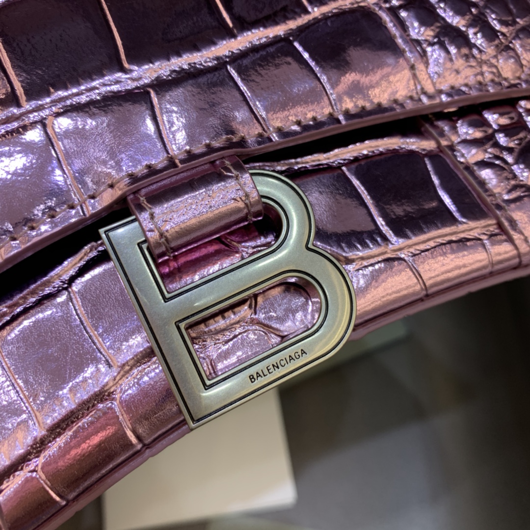 Balenciaga Hourglass Handbag In Pink Metallized Crocodile Embossed (23-10-14CM) - DopestKickz