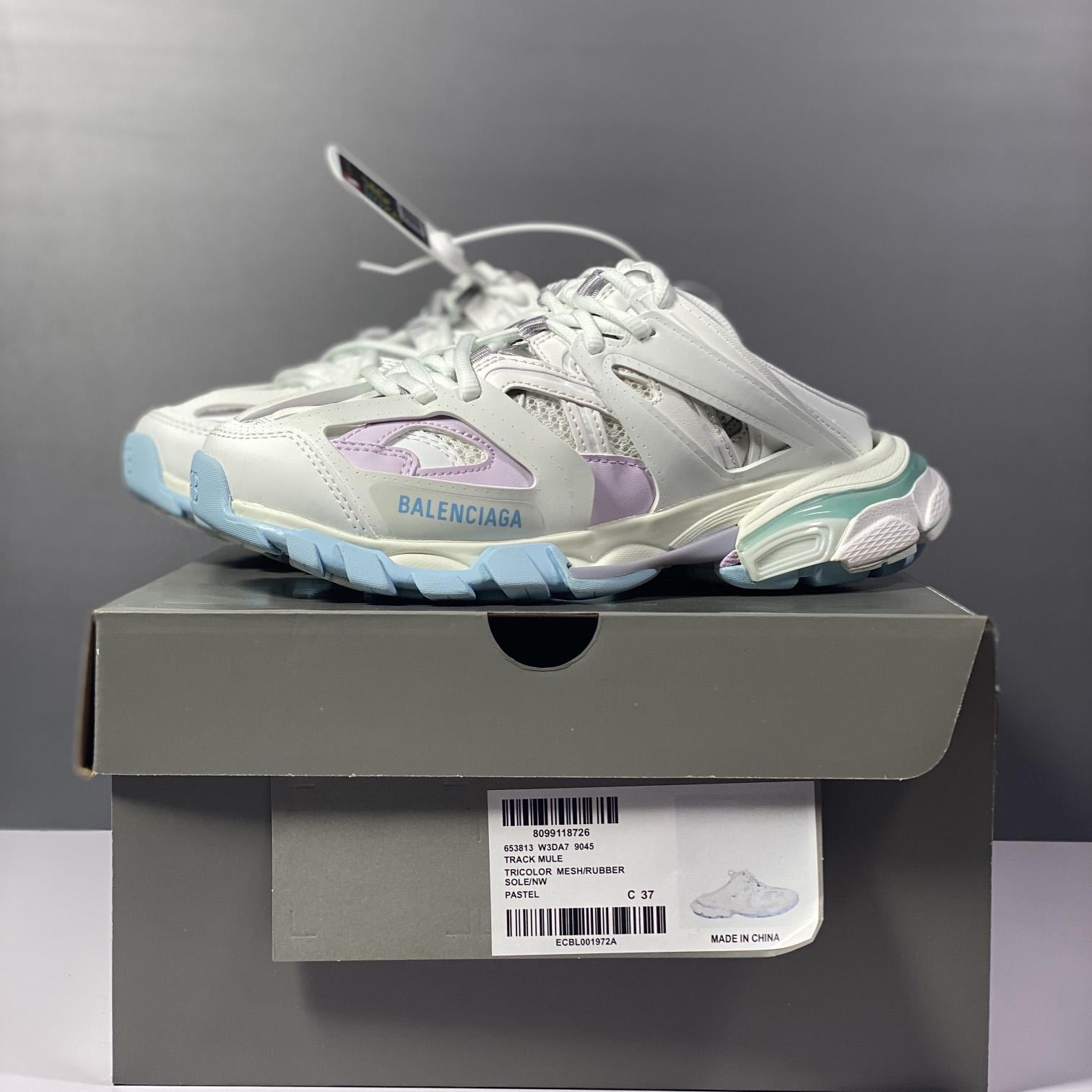 Balenciaga Track Mule In White, Light Blue And Light Pink Mesh And Nylon - DopestKickz