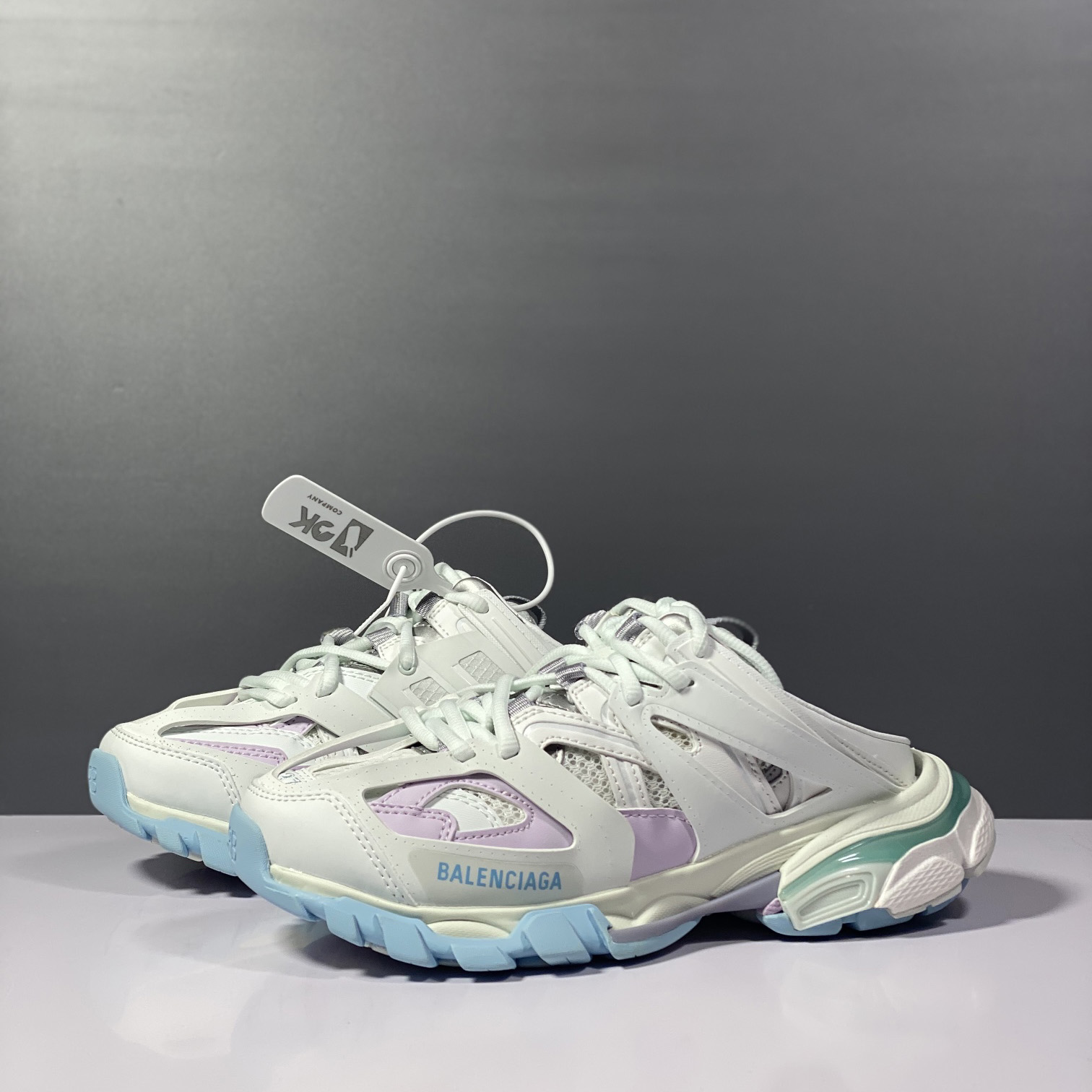 Balenciaga Track Mule In White, Light Blue And Light Pink Mesh And Nylon - DopestKickz