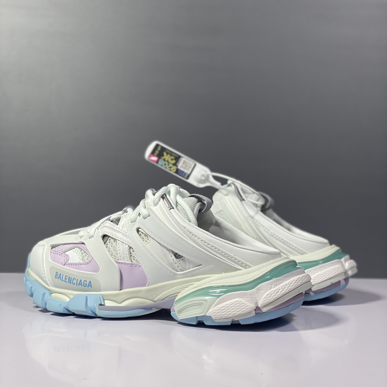 Balenciaga Track Mule In White, Light Blue And Light Pink Mesh And Nylon - DopestKickz