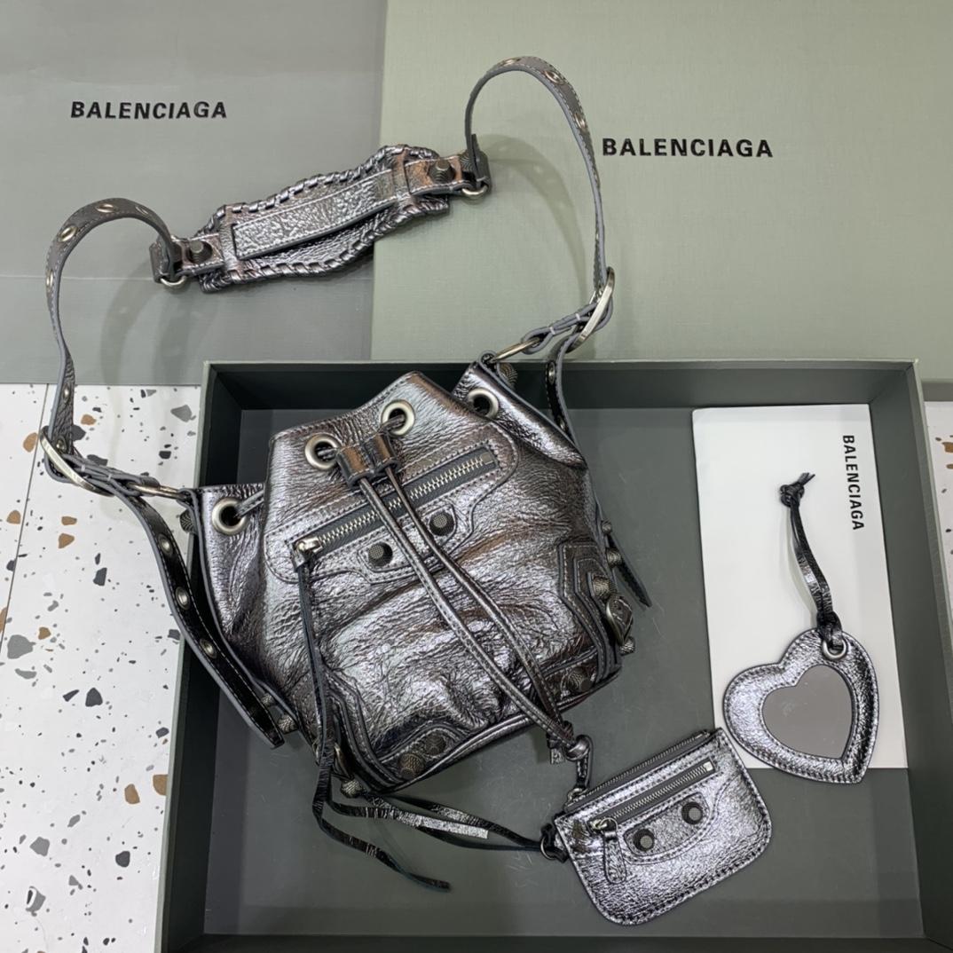 Balenciaga Le Cagole XS Bucket Bag In Silver Metallized Arena Lambskin, Aged-Silver Hardware With White Rhinestones(15-19.8-17.8cm) - DopestKickz