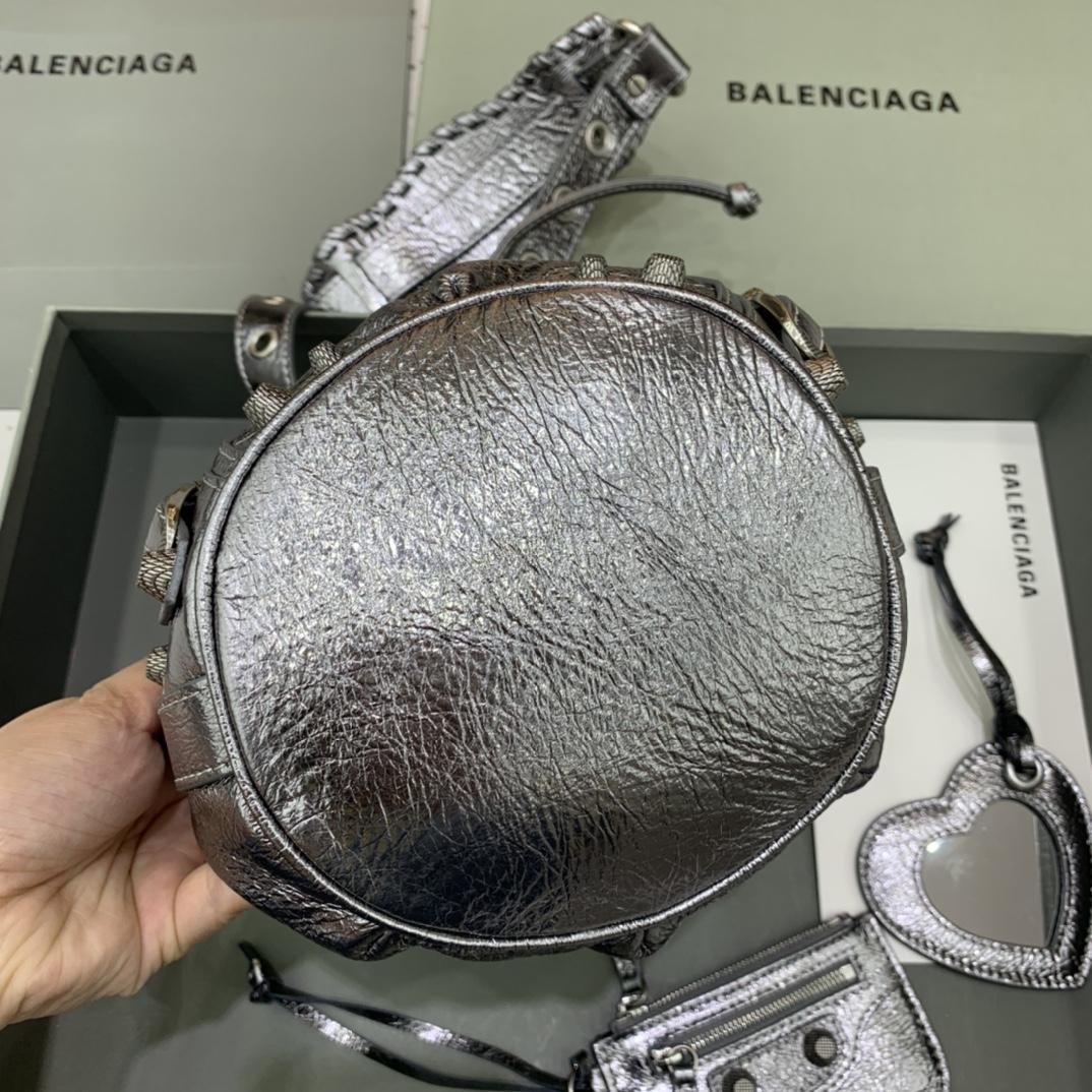 Balenciaga Le Cagole XS Bucket Bag In Silver Metallized Arena Lambskin, Aged-Silver Hardware With White Rhinestones(15-19.8-17.8cm) - DopestKickz