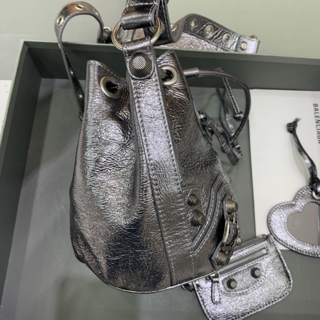 Balenciaga Le Cagole XS Bucket Bag In Silver Metallized Arena Lambskin, Aged-Silver Hardware With White Rhinestones(15-19.8-17.8cm) - DopestKickz