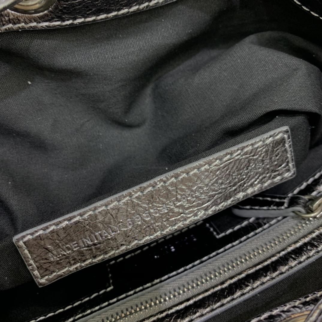 Balenciaga Le Cagole XS Bucket Bag In Silver Metallized Arena Lambskin, Aged-Silver Hardware With White Rhinestones(15-19.8-17.8cm) - DopestKickz