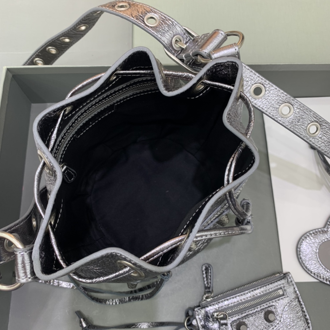 Balenciaga Le Cagole XS Bucket Bag In Silver Metallized Arena Lambskin, Aged-Silver Hardware With White Rhinestones(15-19.8-17.8cm) - DopestKickz