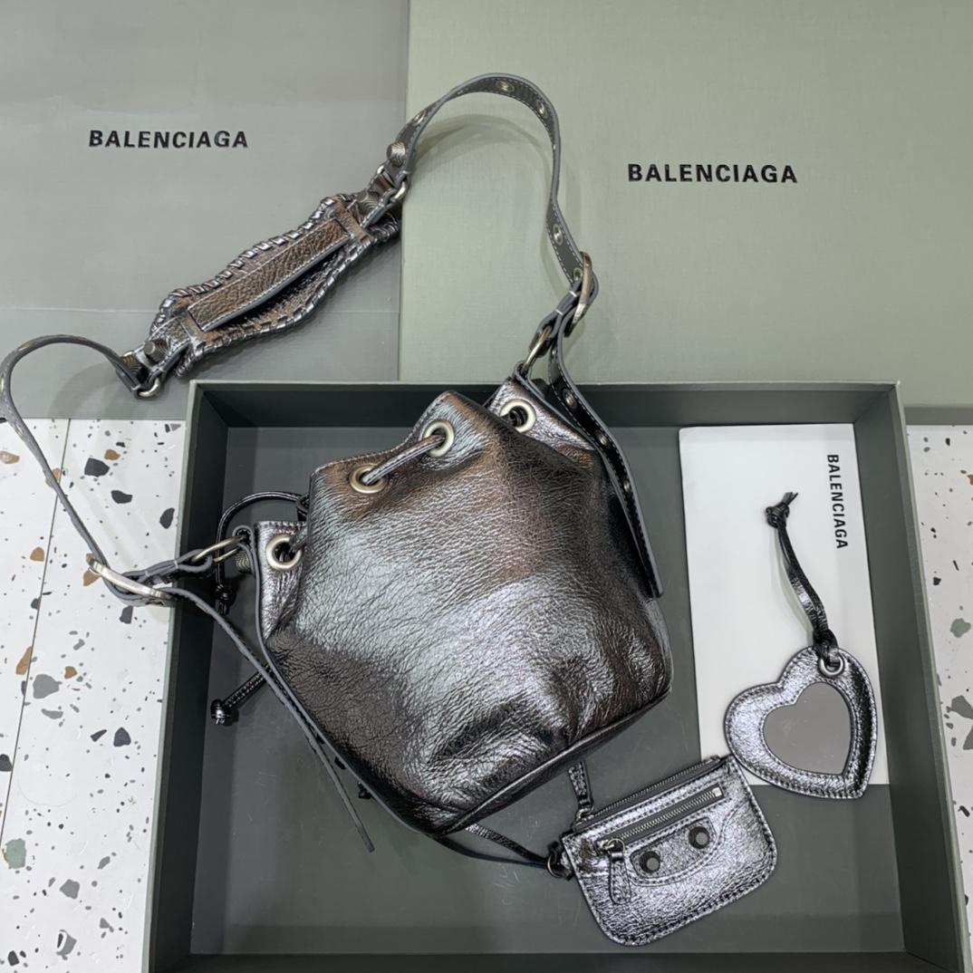 Balenciaga Le Cagole XS Bucket Bag In Silver Metallized Arena Lambskin, Aged-Silver Hardware With White Rhinestones(15-19.8-17.8cm) - DopestKickz