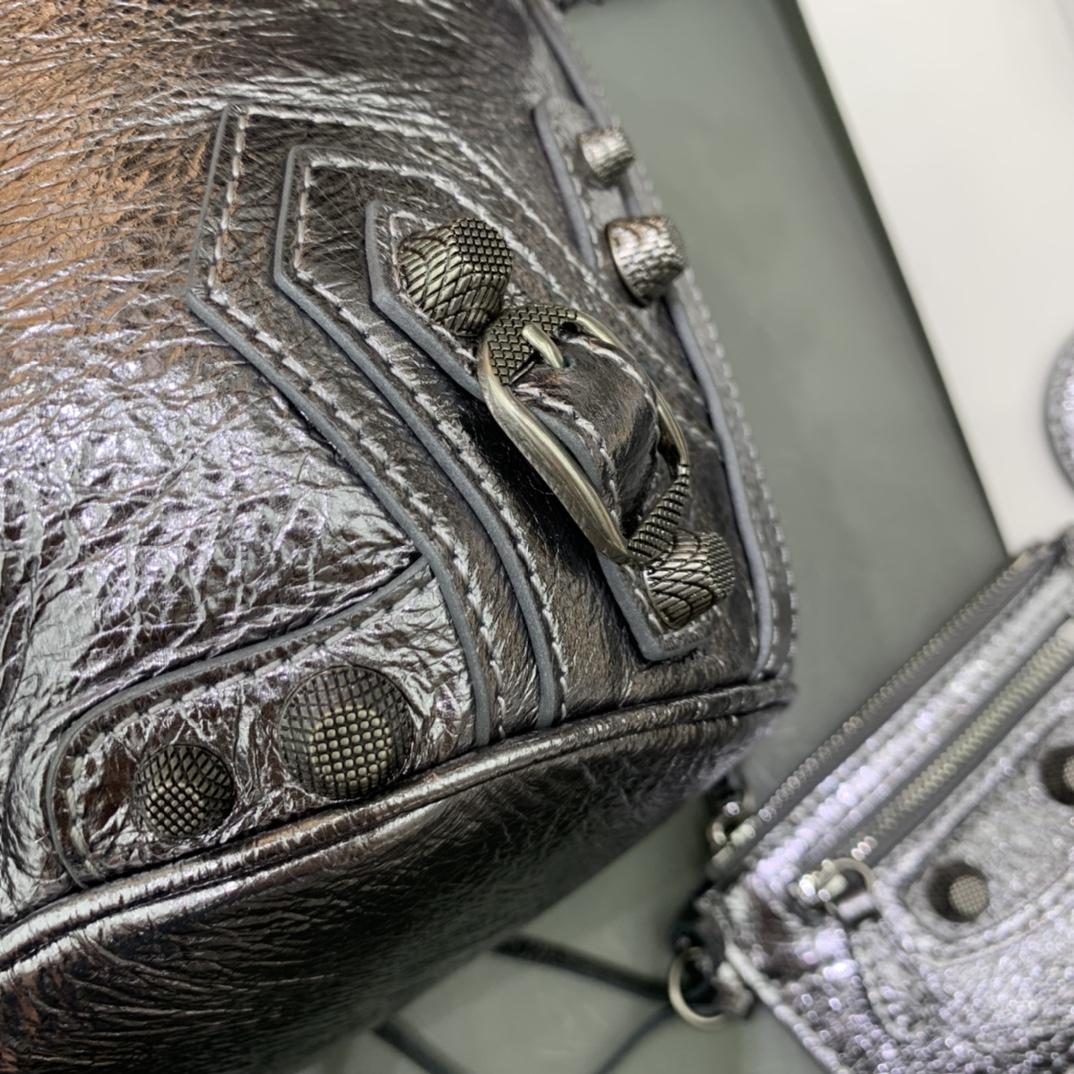 Balenciaga Le Cagole XS Bucket Bag In Silver Metallized Arena Lambskin, Aged-Silver Hardware With White Rhinestones(15-19.8-17.8cm) - DopestKickz