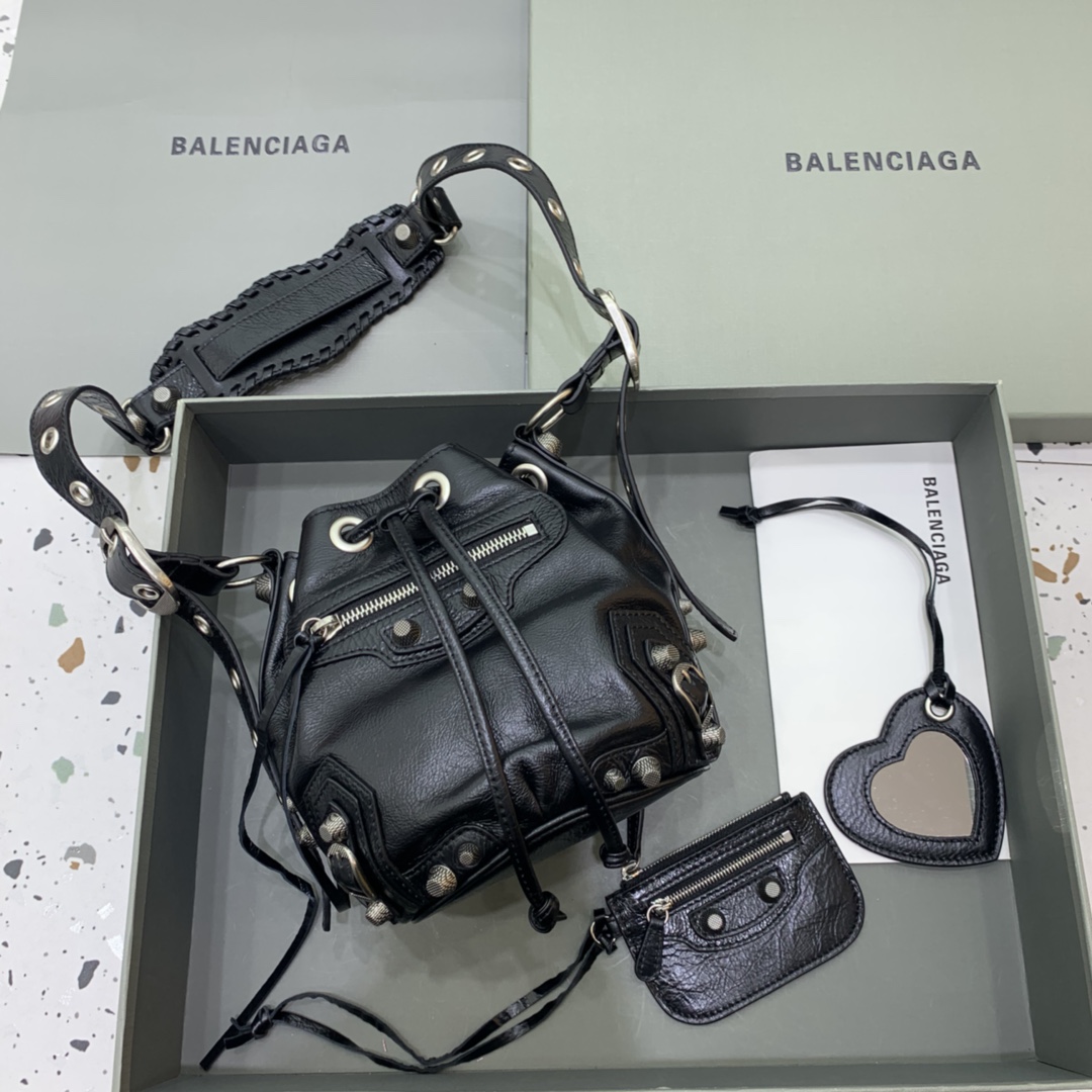 Balenciaga Le Cagole XS Bucket Bag In Black Arena Lambskin, Aged-Silver Hardware(15-19.8-17.8cm) - DopestKickz