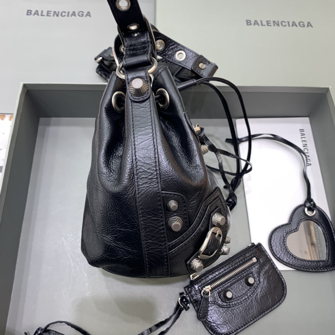 Balenciaga Le Cagole XS Bucket Bag In Black Arena Lambskin, Aged-Silver Hardware(15-19.8-17.8cm) - DopestKickz