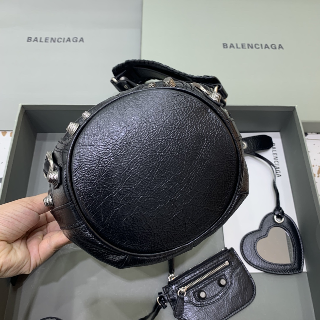 Balenciaga Le Cagole XS Bucket Bag In Black Arena Lambskin, Aged-Silver Hardware(15-19.8-17.8cm) - DopestKickz