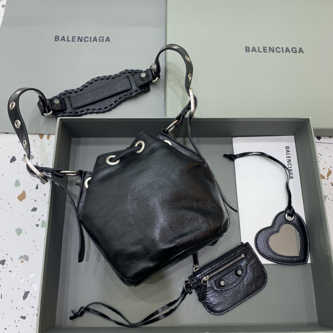 Balenciaga Le Cagole XS Bucket Bag In Black Arena Lambskin, Aged-Silver Hardware(15-19.8-17.8cm) - DopestKickz