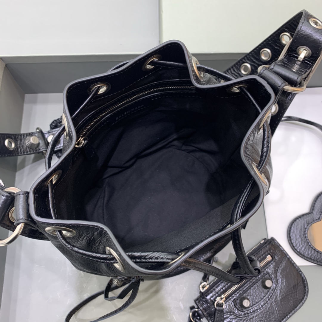 Balenciaga Le Cagole XS Bucket Bag In Black Arena Lambskin, Aged-Silver Hardware(15-19.8-17.8cm) - DopestKickz