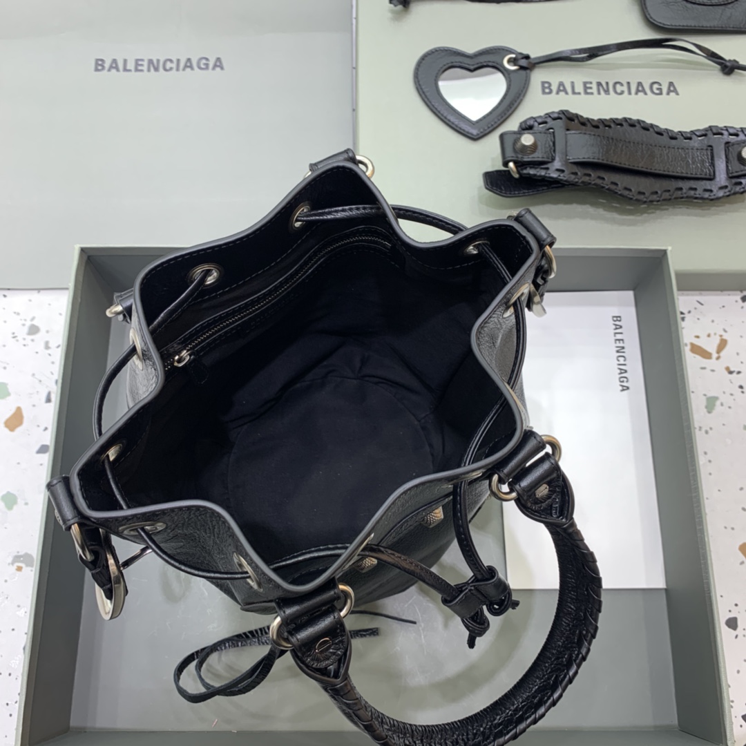 Balenciaga Le Cagole Small Bucket Bag In Black Arena Lambskin, Aged-Silver Hardware(30-22.9-17cm) - DopestKickz