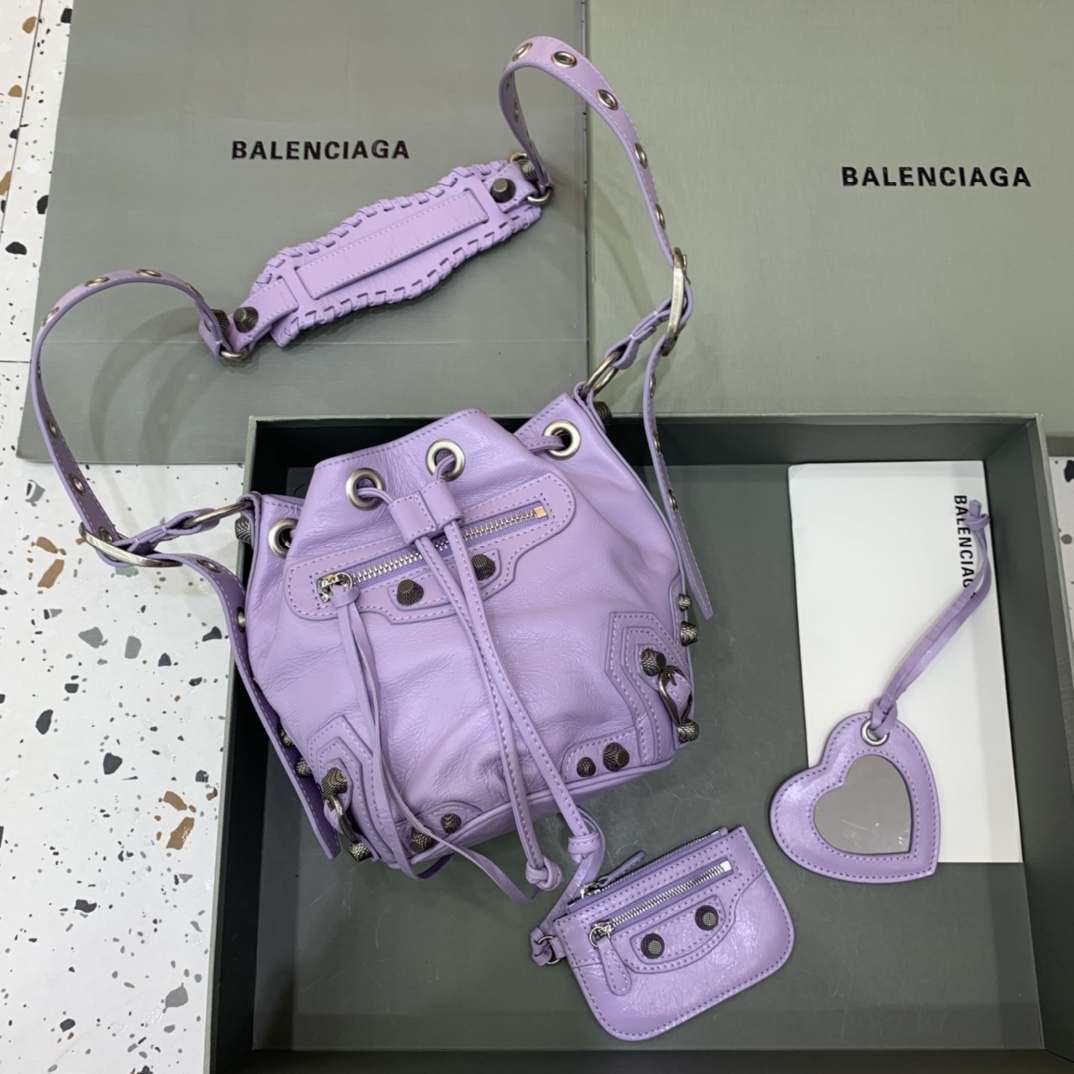 Balenciaga Le Cagole XS Bucket Bag In Light Purple Arena Lambskin, Aged-Silver Hardware(15-19.8-17.8cm) - DopestKickz