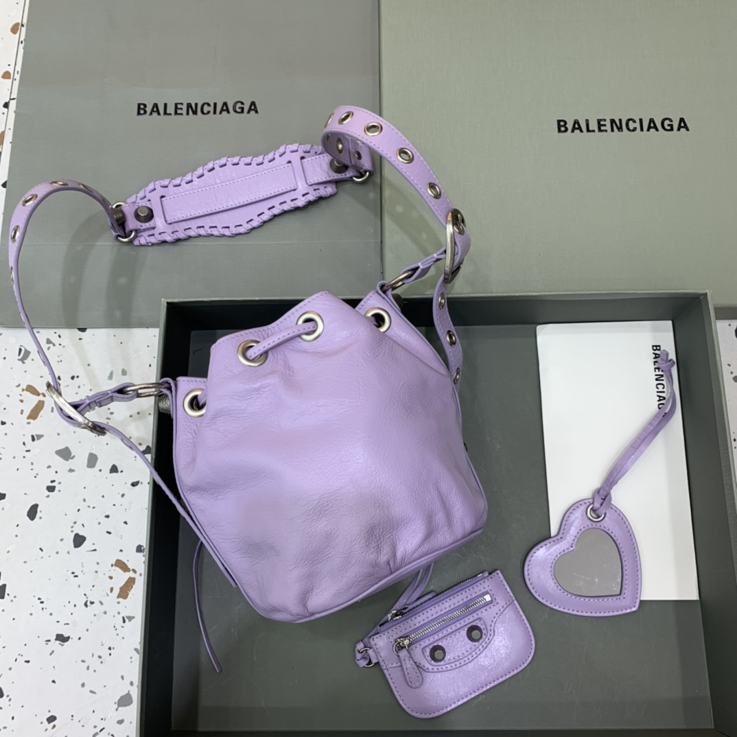 Balenciaga Le Cagole XS Bucket Bag In Light Purple Arena Lambskin, Aged-Silver Hardware(15-19.8-17.8cm) - DopestKickz