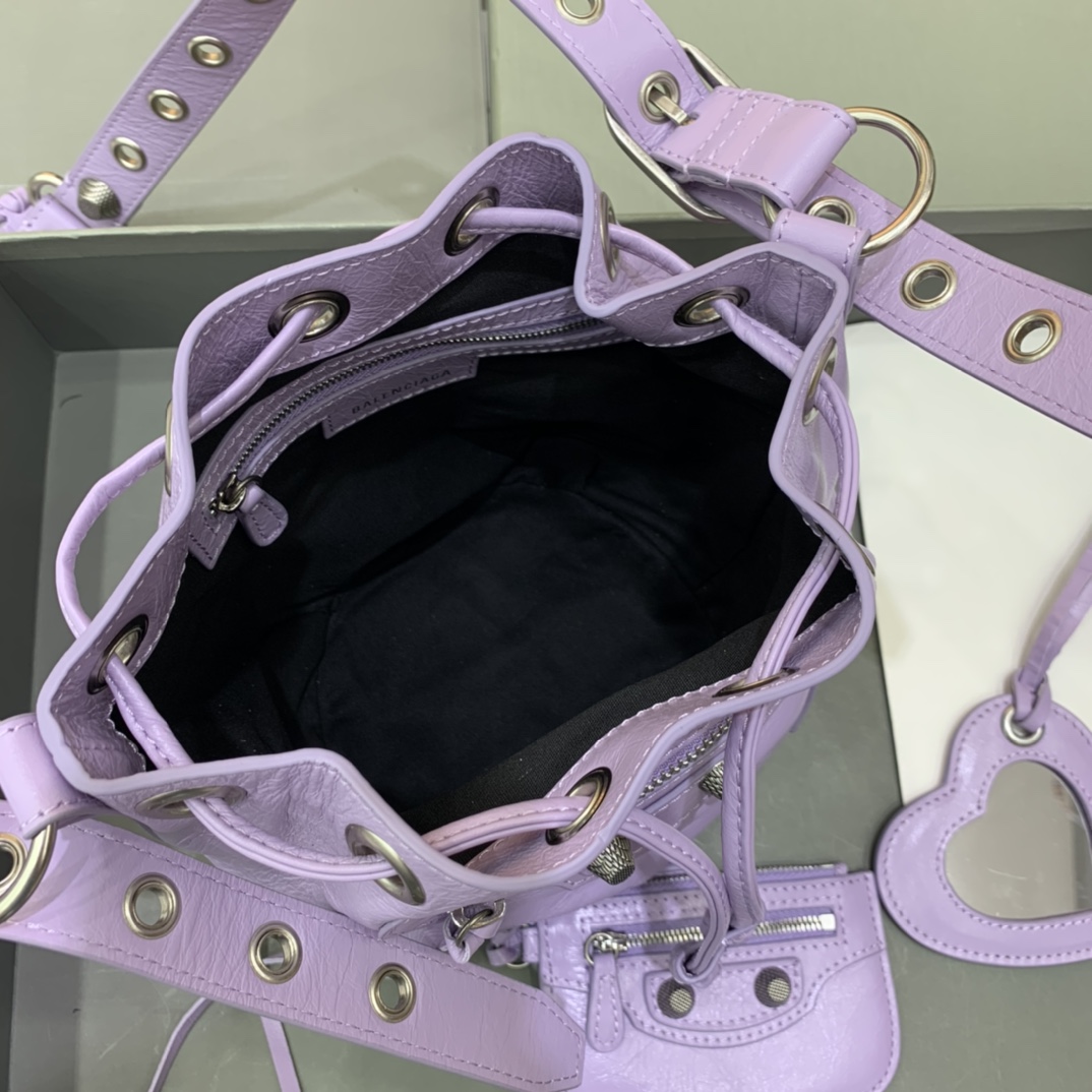 Balenciaga Le Cagole XS Bucket Bag In Light Purple Arena Lambskin, Aged-Silver Hardware(15-19.8-17.8cm) - DopestKickz