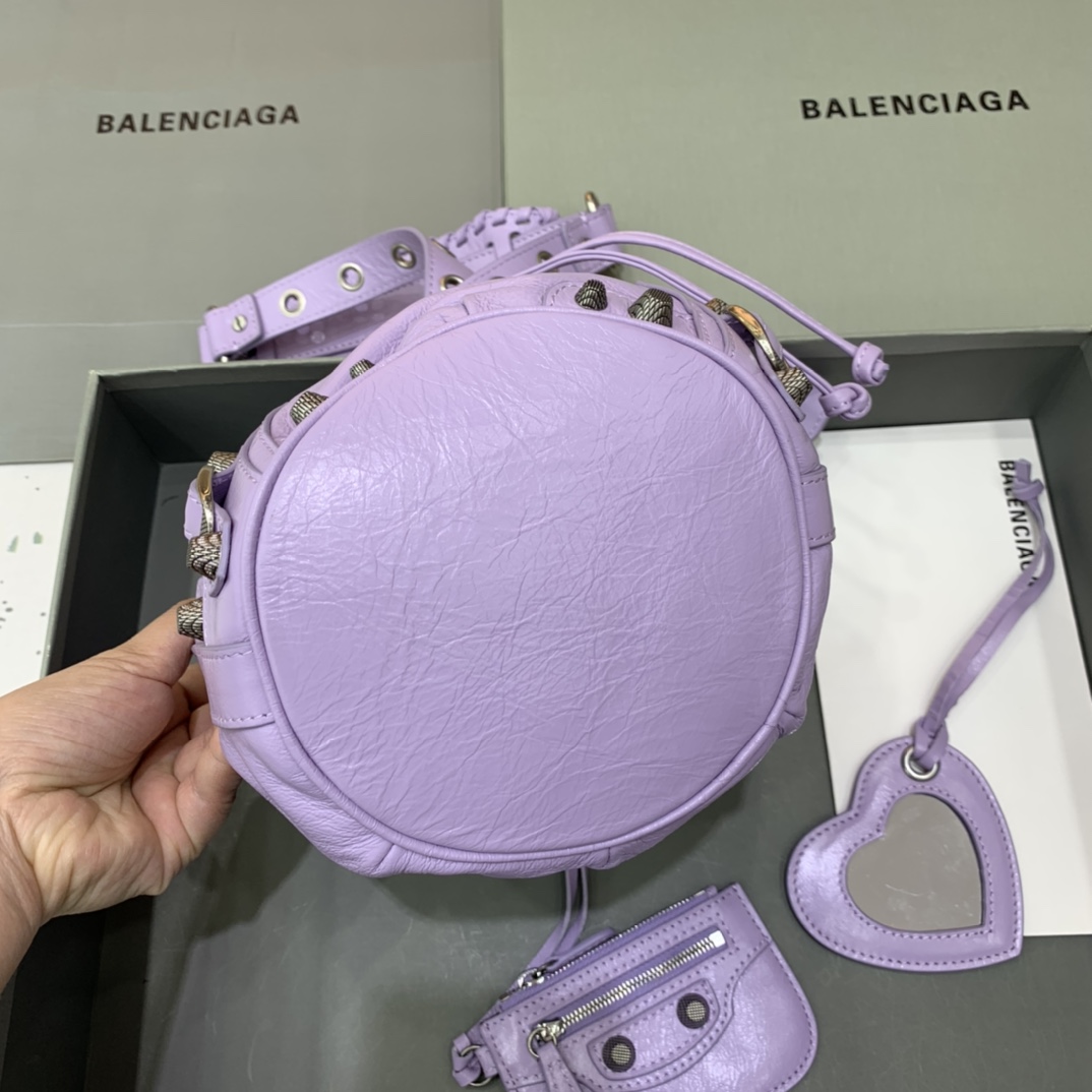 Balenciaga Le Cagole XS Bucket Bag In Light Purple Arena Lambskin, Aged-Silver Hardware(15-19.8-17.8cm) - DopestKickz