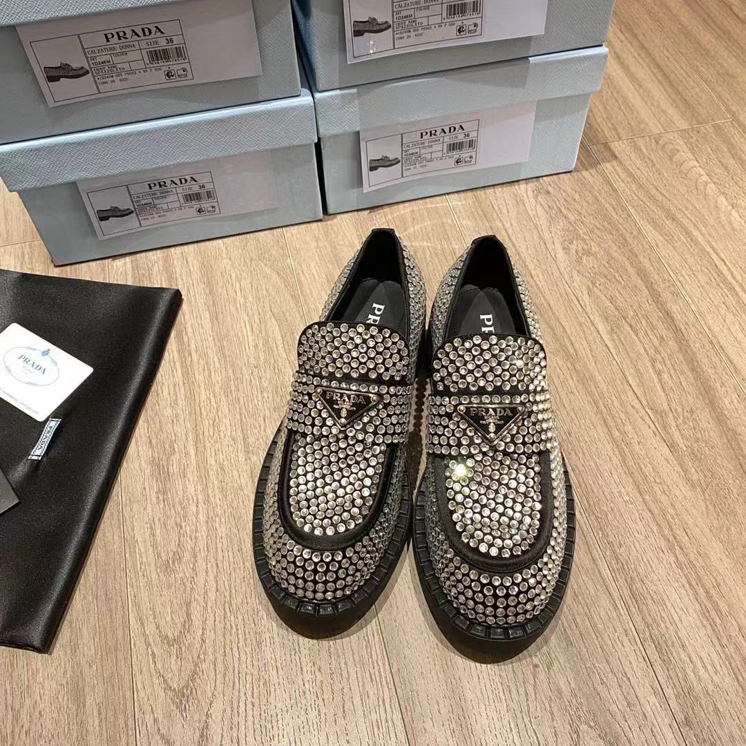 Prada Chocolate Satin Loafers With Crystals - DopestKickz