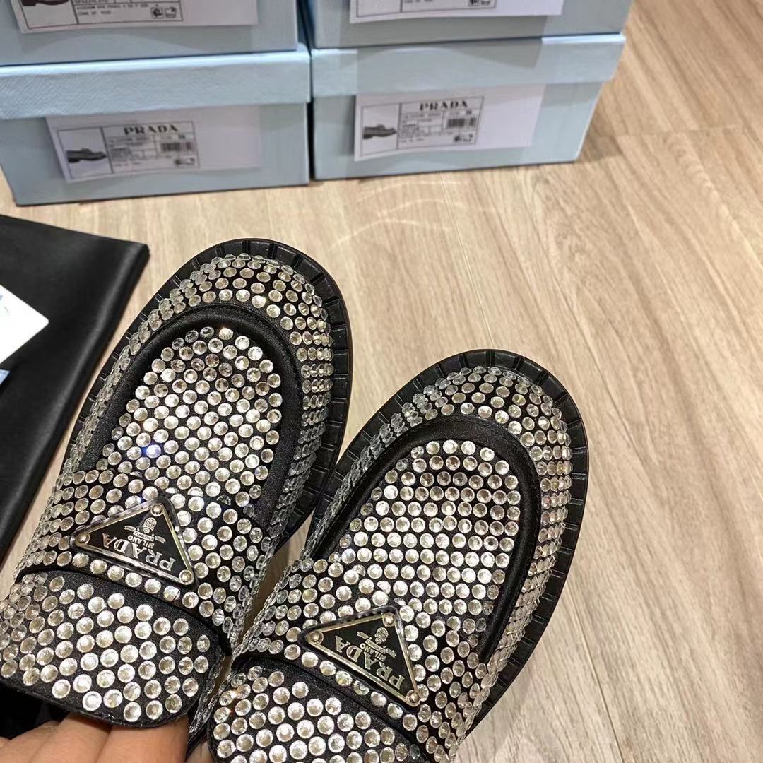 Prada Chocolate Satin Loafers With Crystals - DopestKickz