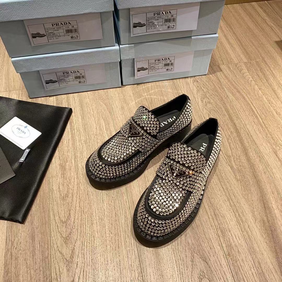 Prada Chocolate Satin Loafers With Crystals - DopestKickz