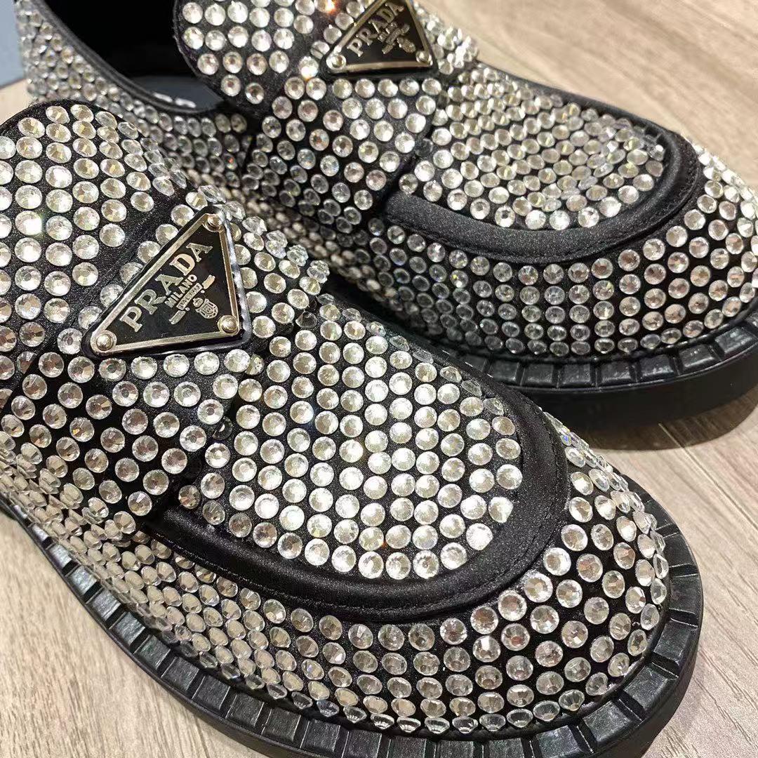 Prada Chocolate Satin Loafers With Crystals - DopestKickz