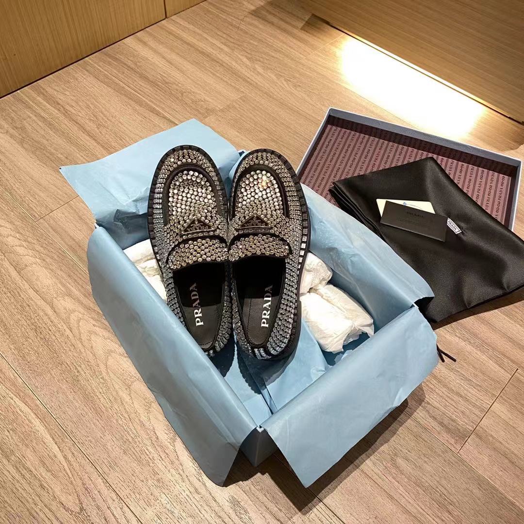Prada Chocolate Satin Loafers With Crystals - DopestKickz