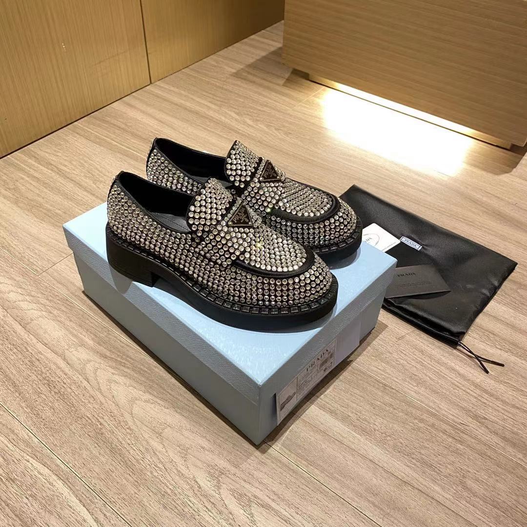 Prada Chocolate Satin Loafers With Crystals - DopestKickz